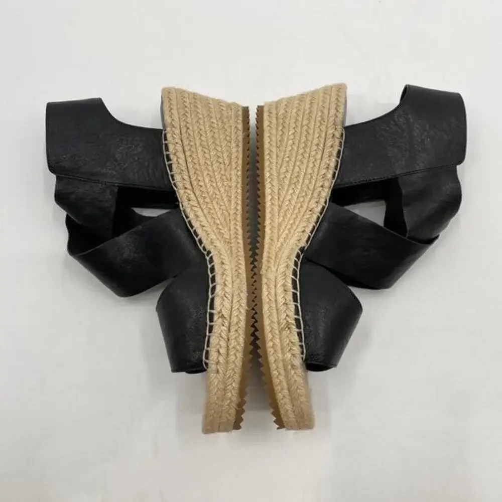 Eileen Fisher Black Leather Wrap Espadrille‎ Wedges
